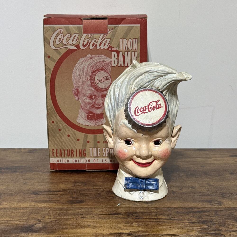 Vintage Coca Cola Bank “ Sprite Boy” Bottle Cap On‎ Forehead 1990’s Cast Iron